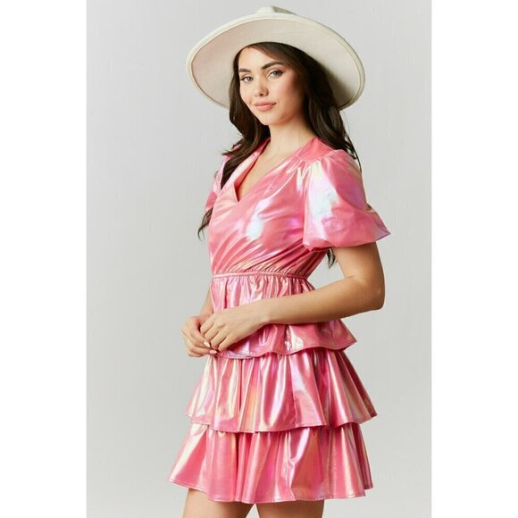 The Gumdrop Tiered Mini Dress in Iridescent Pink - Picture 3 of 5